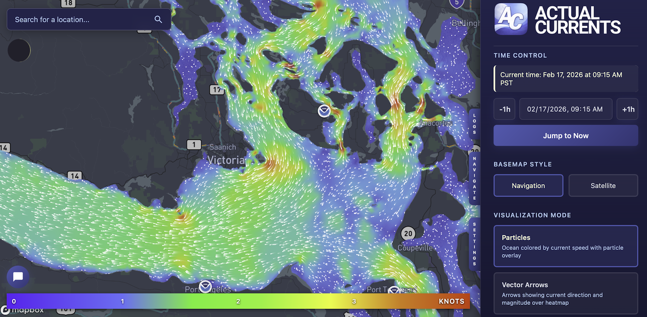 Actual Currents showing tidal current flow with animated particles